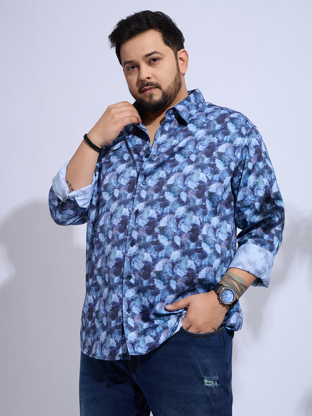 Plus Size Cotton Printed 1 Pocket Regular Fit Smart Casual Shirt - Blue