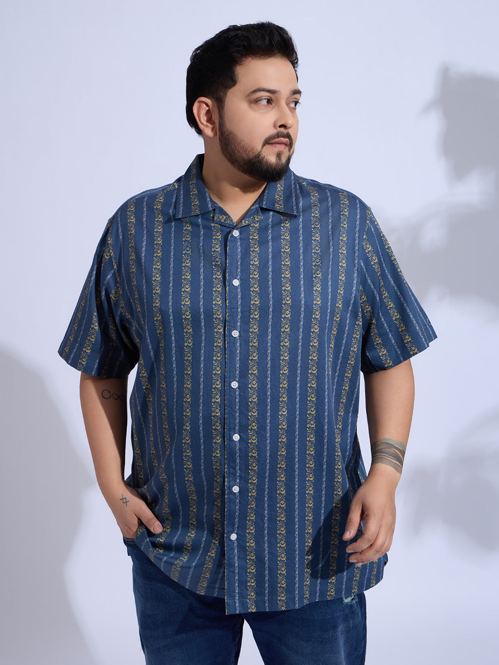 Plus Size Cotton Printed Open Collar Regular Fit Smart Casual Shirt - 539-Blue