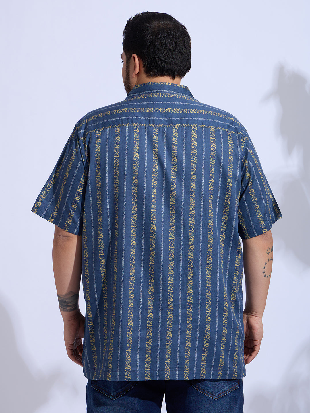 Plus Size Cotton Printed Open Collar Regular Fit Smart Casual Shirt - 539-Blue