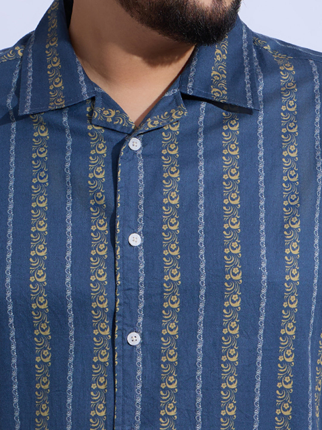 Plus Size Cotton Printed Open Collar Regular Fit Smart Casual Shirt - 539-Blue