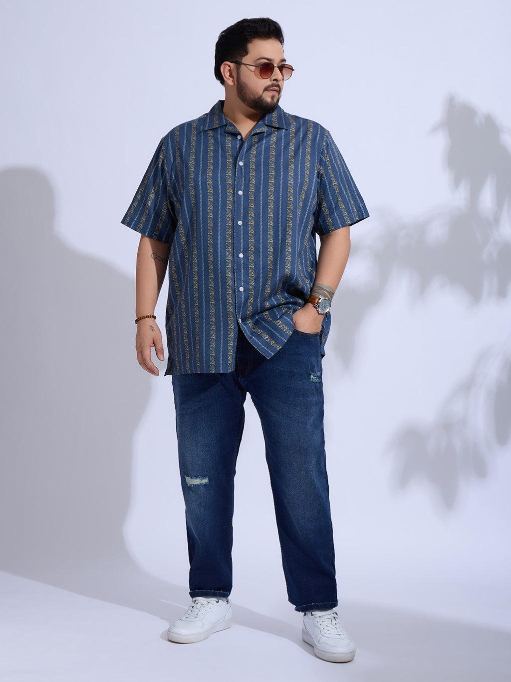 Plus Size Cotton Printed Regular Fit Smart Casual Shirt - Blue
