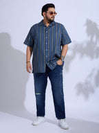 Plus Size Cotton Printed Regular Fit Smart Casual Shirt - Blue