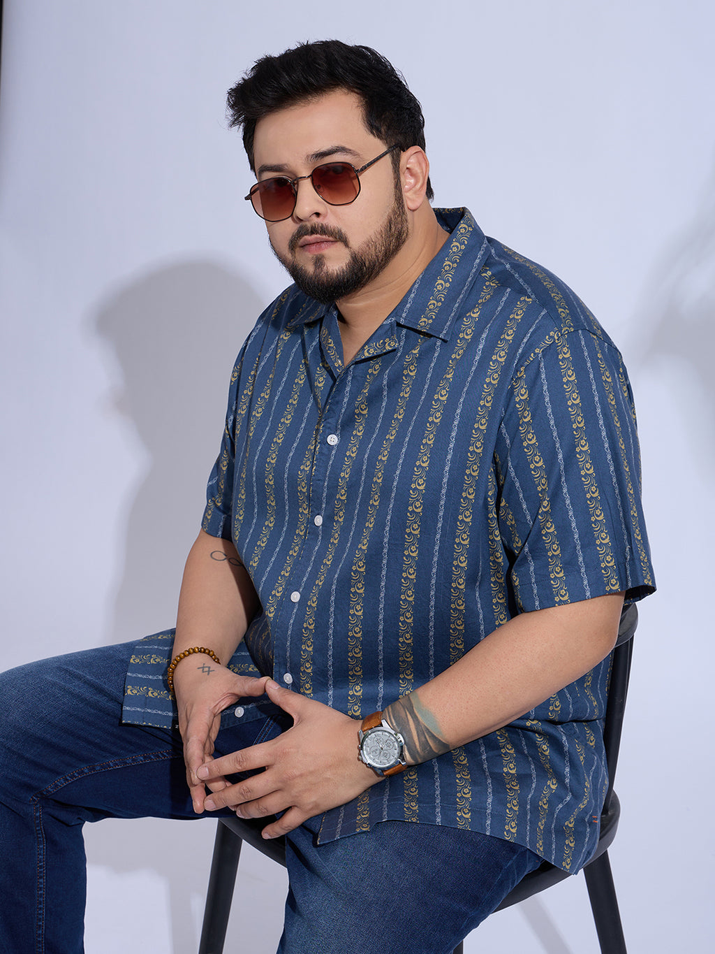 Plus Size Cotton Printed Open Collar Regular Fit Smart Casual Shirt - 539-Blue
