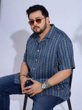 Plus Size Cotton Printed Open Collar Regular Fit Smart Casual Shirt - 539-Blue