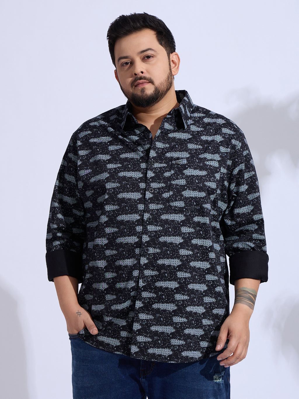 Plus Size Cotton Printed 1 Pocket Regular Fit Smart Casual Shirt Style- 1271-Black
