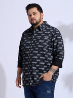 Plus Size Cotton Printed 1 Pocket Regular Fit Smart Casual Shirt Style- 1271-Black