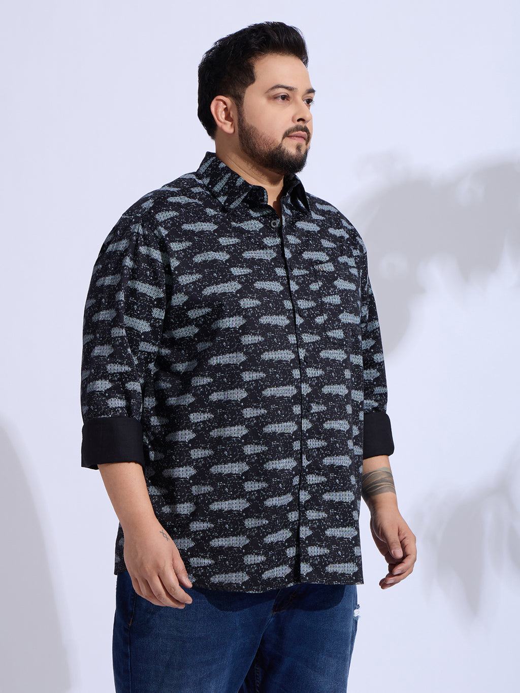 Plus Size Cotton Printed 1 Pocket Regular Fit Smart Casual Shirt Style- 1271-Black
