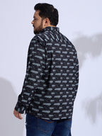 Plus Size Cotton Printed 1 Pocket Regular Fit Smart Casual Shirt Style- 1271-Black