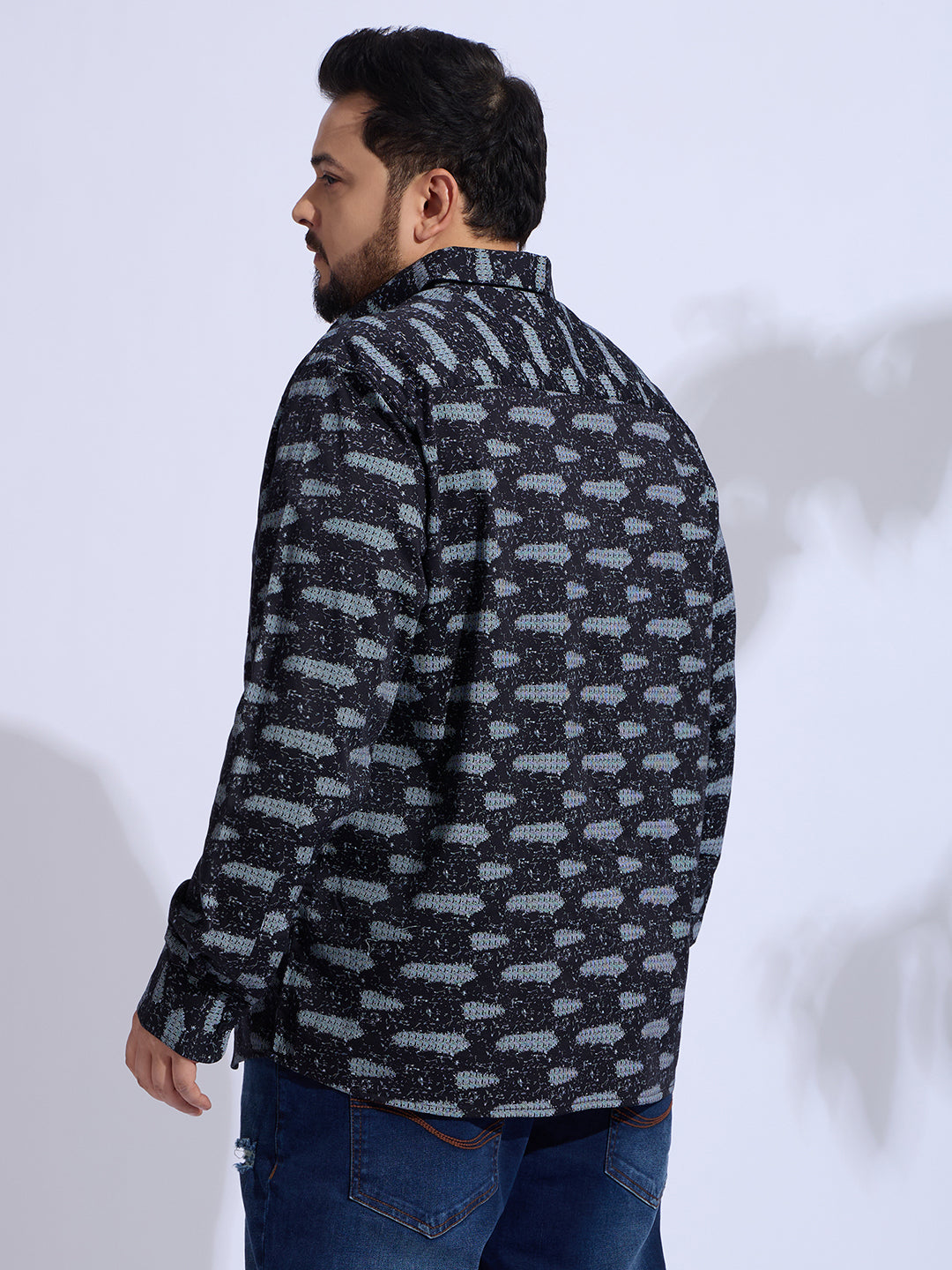 Plus Size Cotton Printed 1 Pocket Regular Fit Smart Casual Shirt Style- 1271-Black
