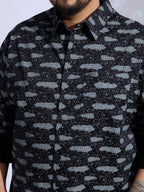 Plus Size Cotton Printed 1 Pocket Regular Fit Smart Casual Shirt Style- 1271-Black