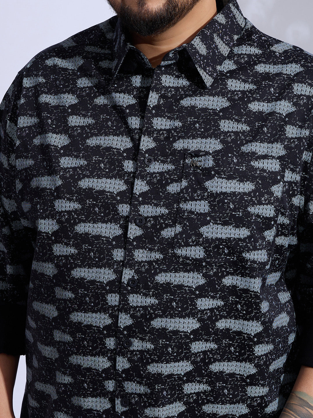 Plus Size Cotton Printed 1 Pocket Regular Fit Smart Casual Shirt Style- 1271-Black