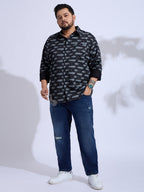 Plus Size Cotton Printed 1 Pocket Regular Fit Smart Casual Shirt Style- 1271-Black