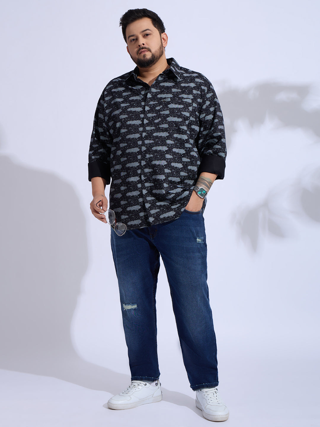 Plus Size Cotton Printed 1 Pocket Regular Fit Smart Casual Shirt Style- 1271-Black