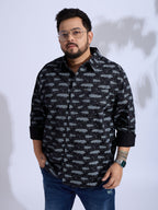 Plus Size Cotton Printed 1 Pocket Regular Fit Smart Casual Shirt Style- 1271-Black