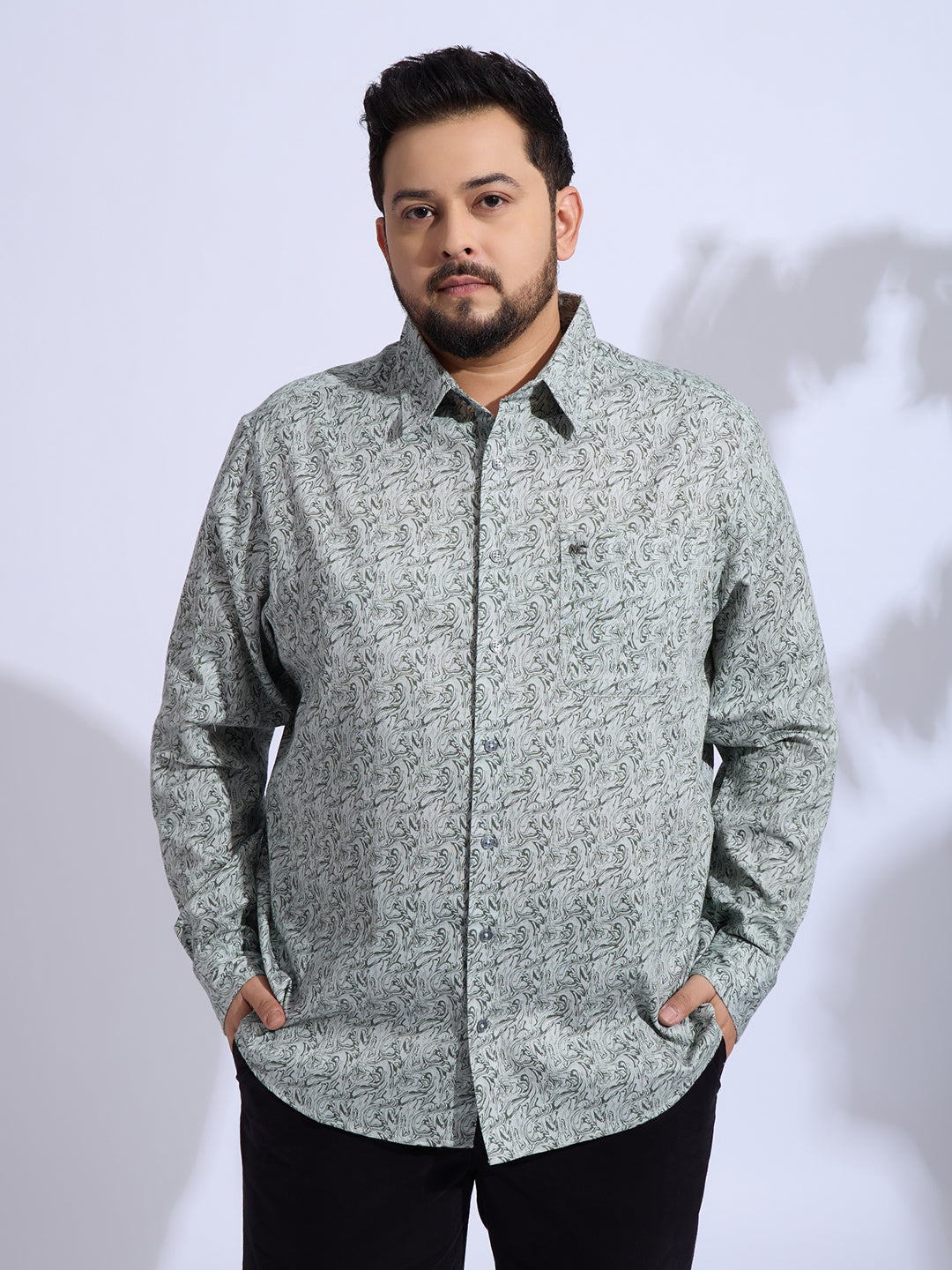 Plus Size Cotton Printed 1 Pocket Regular Fit Smart Casual Shirt - Olive