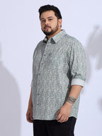 Plus Size Cotton Printed 1 Pocket Regular Fit Smart Casual Shirt - Olive