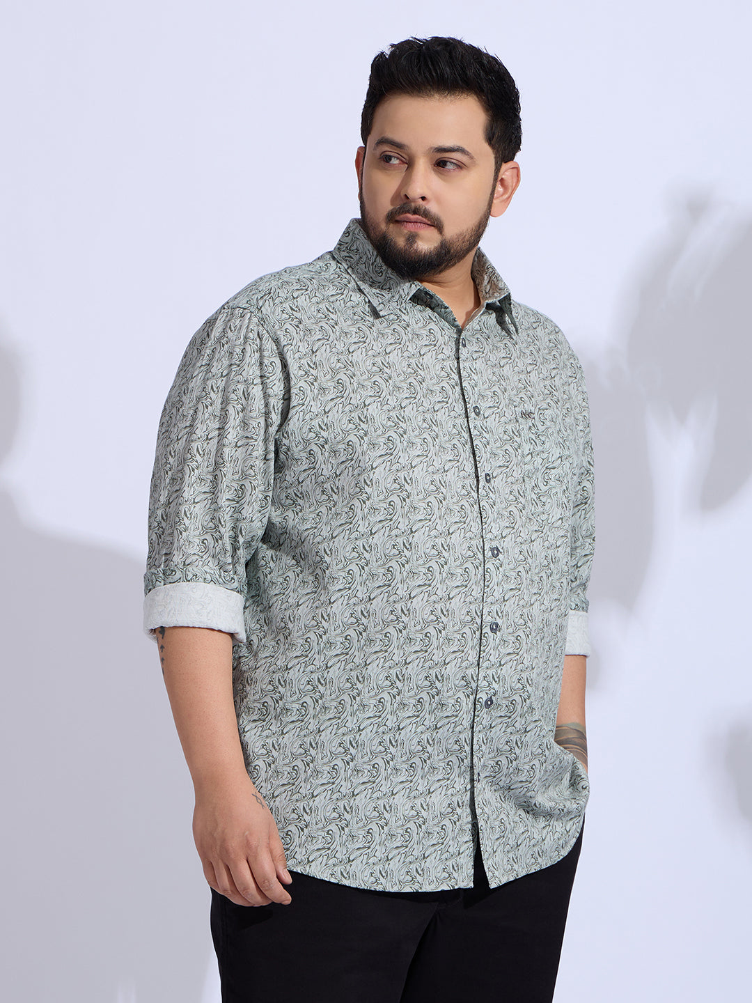 Plus Size Cotton Printed 1 Pocket Regular Fit Smart Casual Shirt - Olive