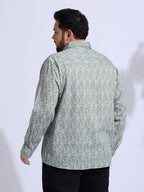 Plus Size Cotton Printed 1 Pocket Regular Fit Smart Casual Shirt - Olive