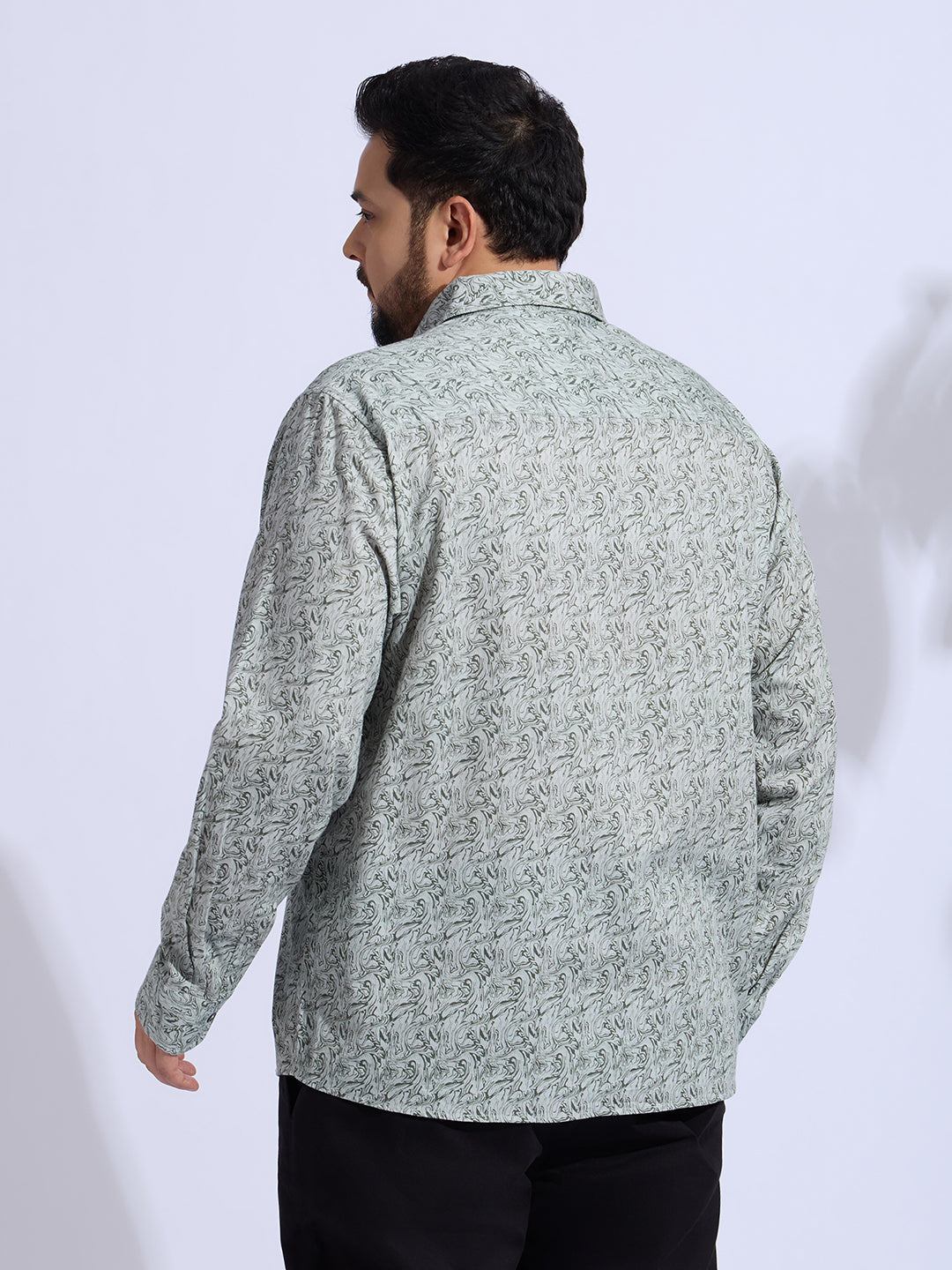 Plus Size Cotton Printed 1 Pocket Regular Fit Smart Casual Shirt - Olive