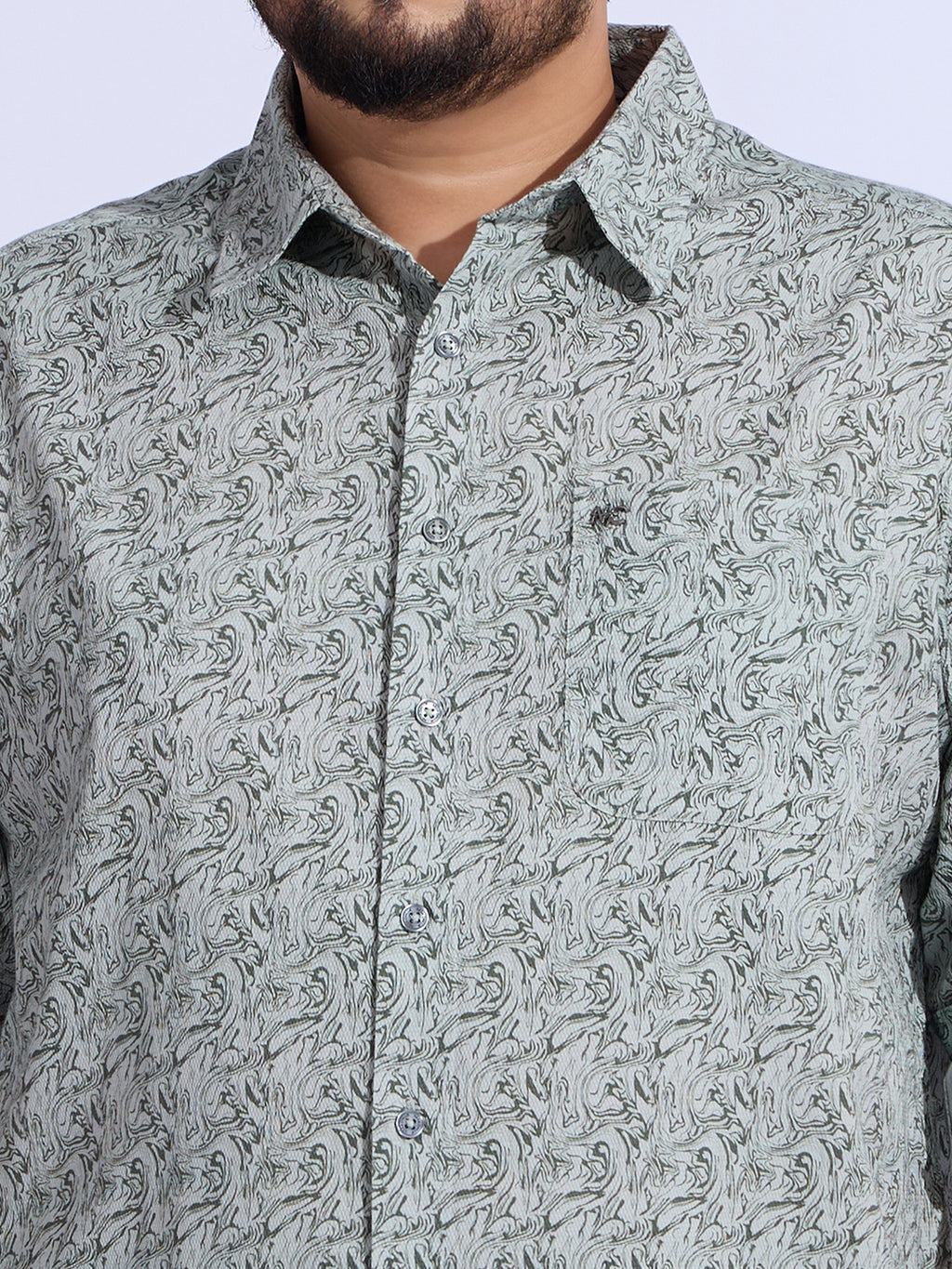 Plus Size Cotton Printed 1 Pocket Regular Fit Smart Casual Shirt - Olive
