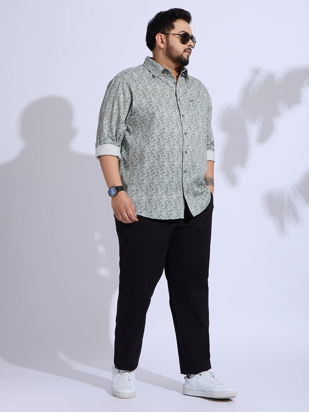 Plus Size Cotton Printed 1 Pocket Regular Fit Smart Casual Shirt - Olive