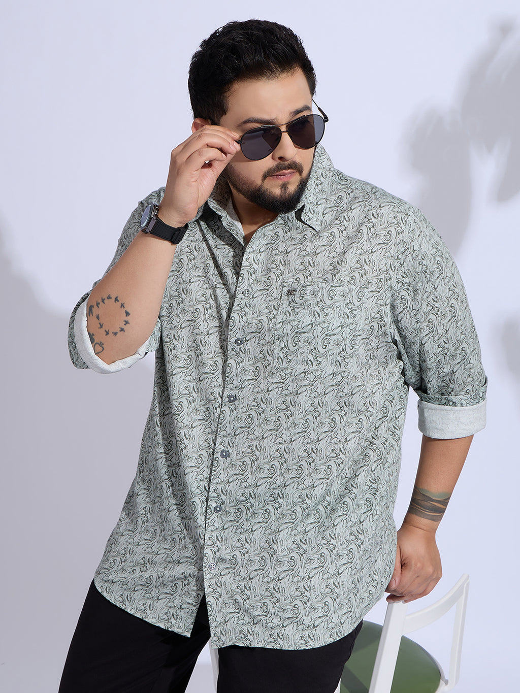 Plus Size Cotton Printed 1 Pocket Regular Fit Smart Casual Shirt - Olive