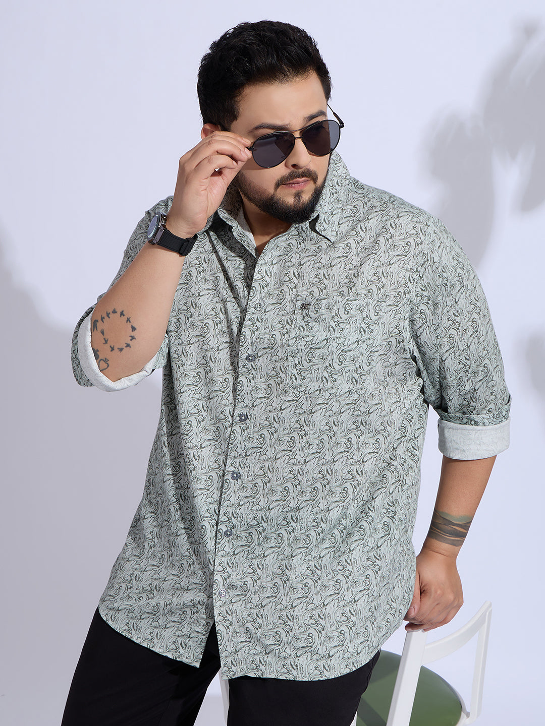 Plus Size Cotton Printed 1 Pocket Regular Fit Smart Casual Shirt - Olive