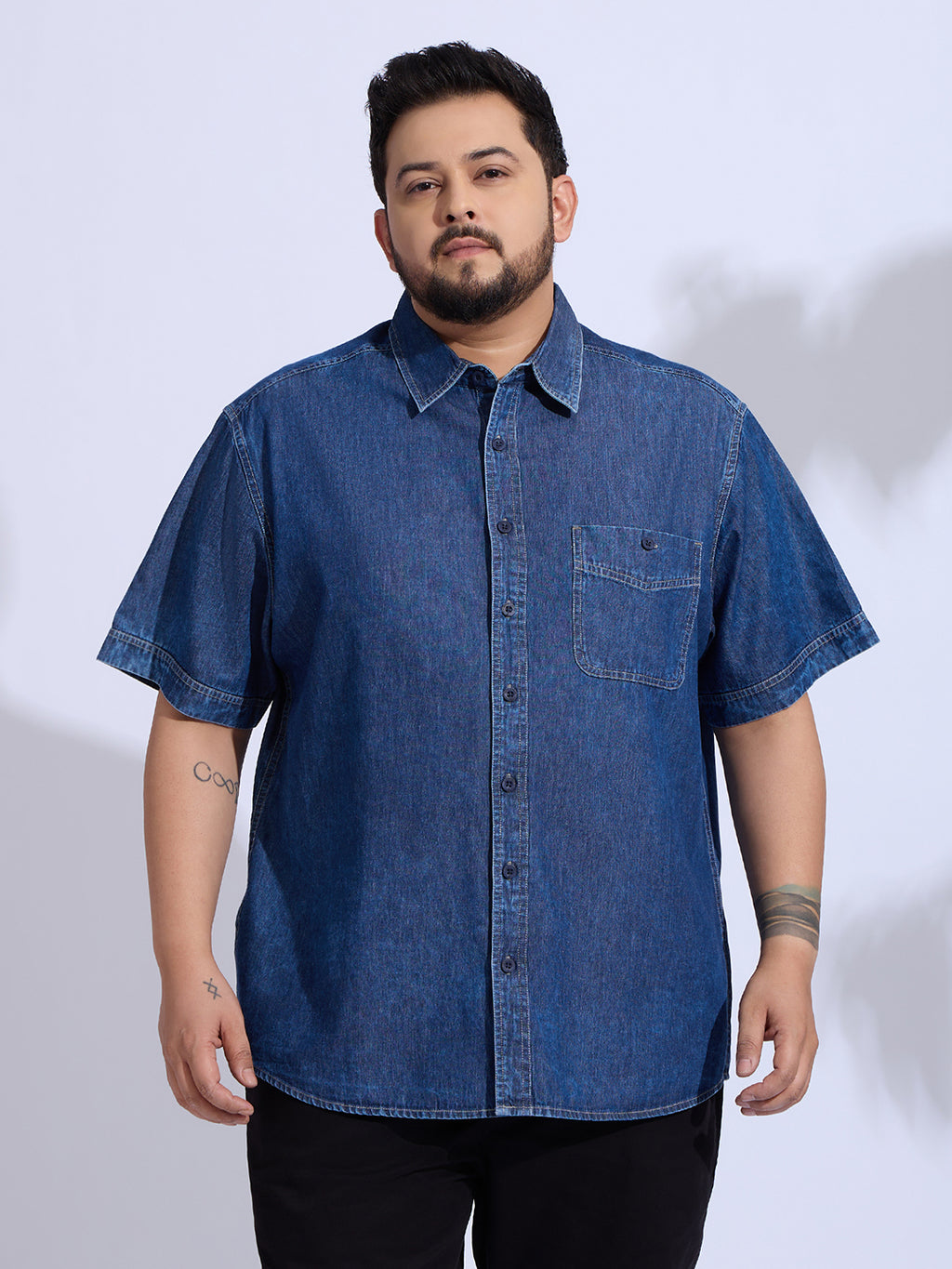 Plus Size Denim Regular Fit Smart Casual Shirt - Blue