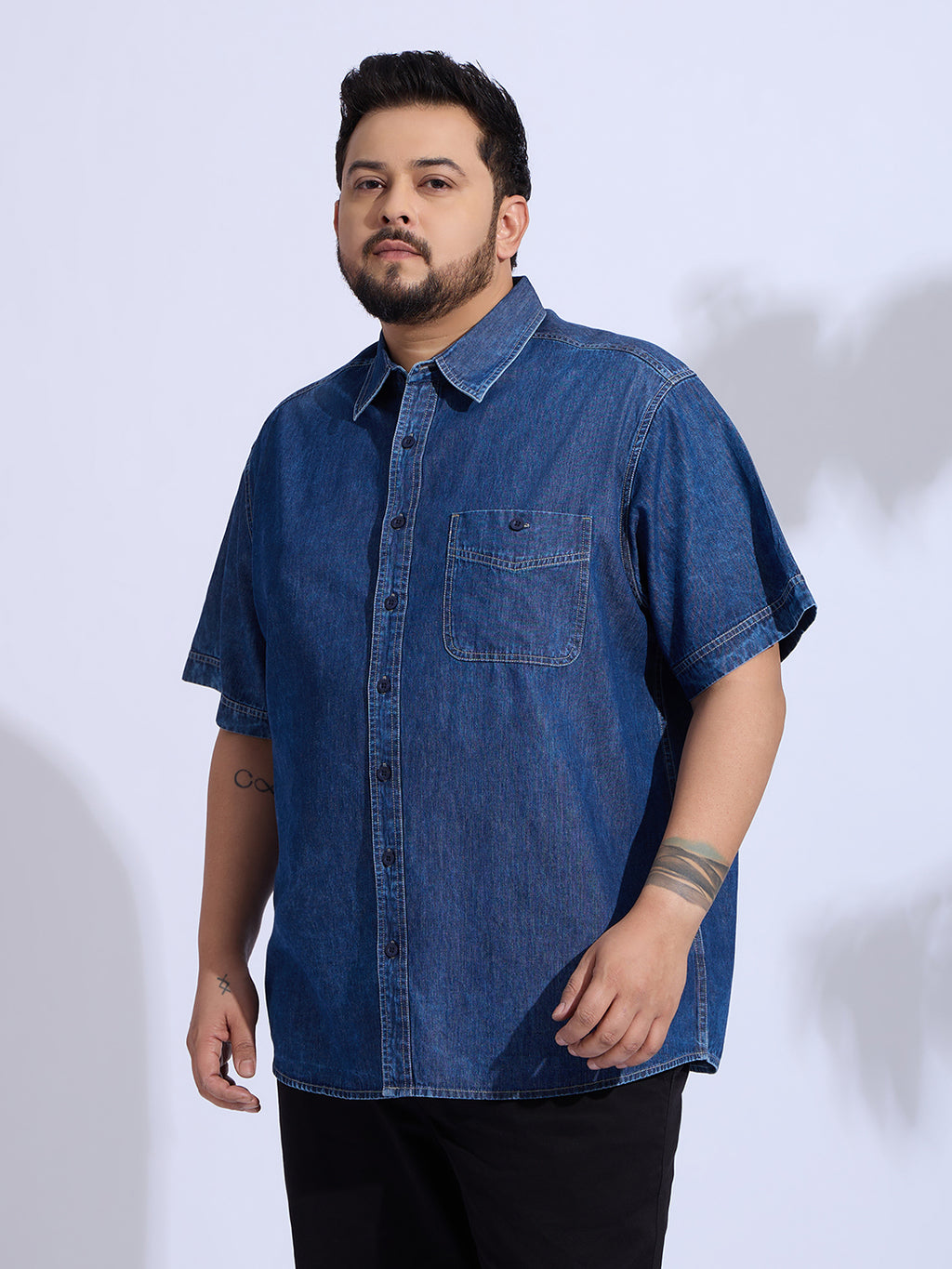 Plus Size Denim Regular Fit Smart Casual Shirt - Blue
