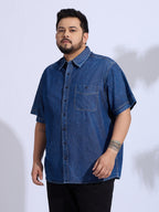 Plus Size Denim Regular Fit Smart Casual Shirt - Blue