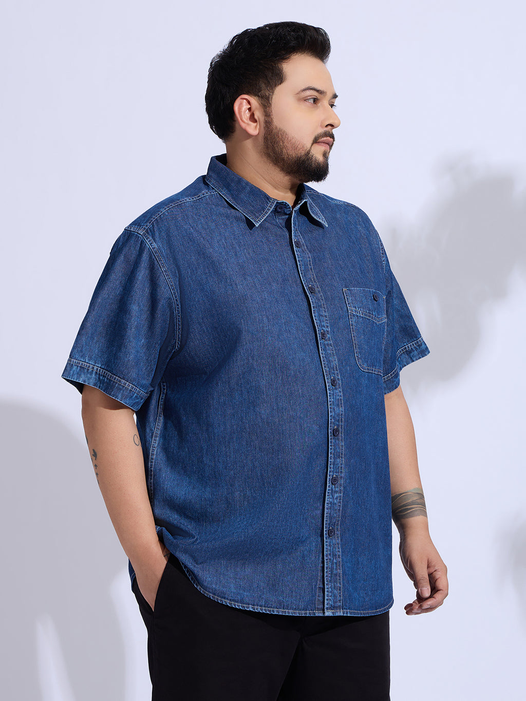 Plus Size Denim Regular Fit Smart Casual Shirt - Blue