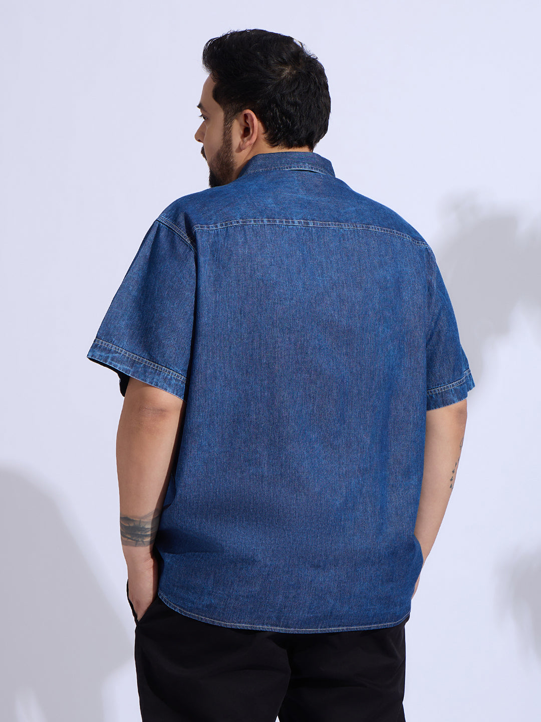 Plus Size Denim Regular Fit Smart Casual Shirt - Blue