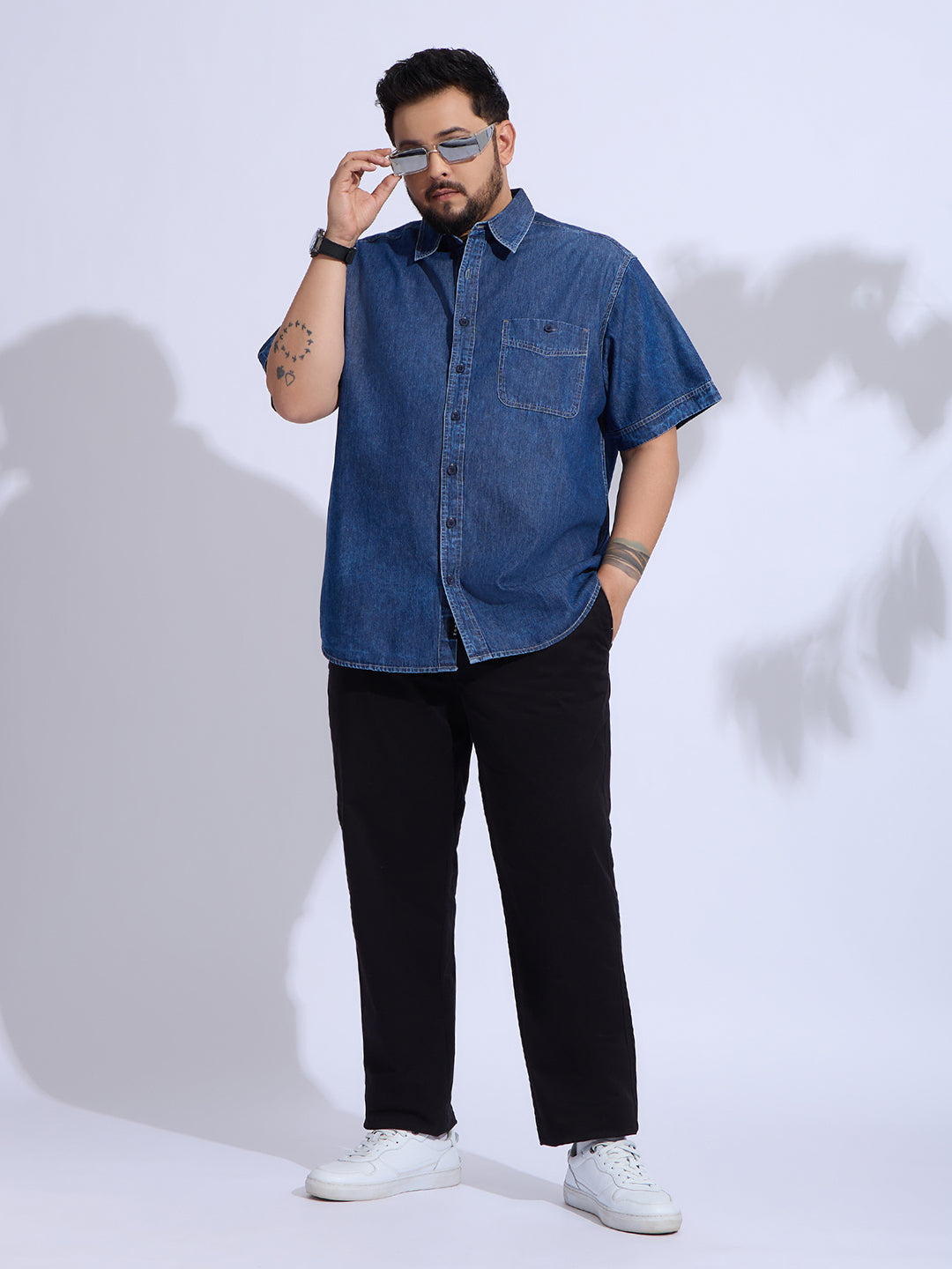 Plus Size Denim Regular Fit Smart Casual Shirt - Blue
