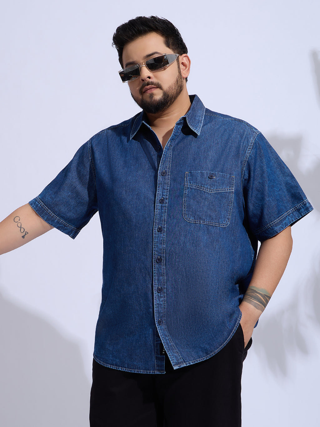 Plus Size Denim Regular Fit Smart Casual Shirt - Blue