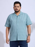 Plus Size cotton blend Regular Fit Smart Casual Shirt - Aqua
