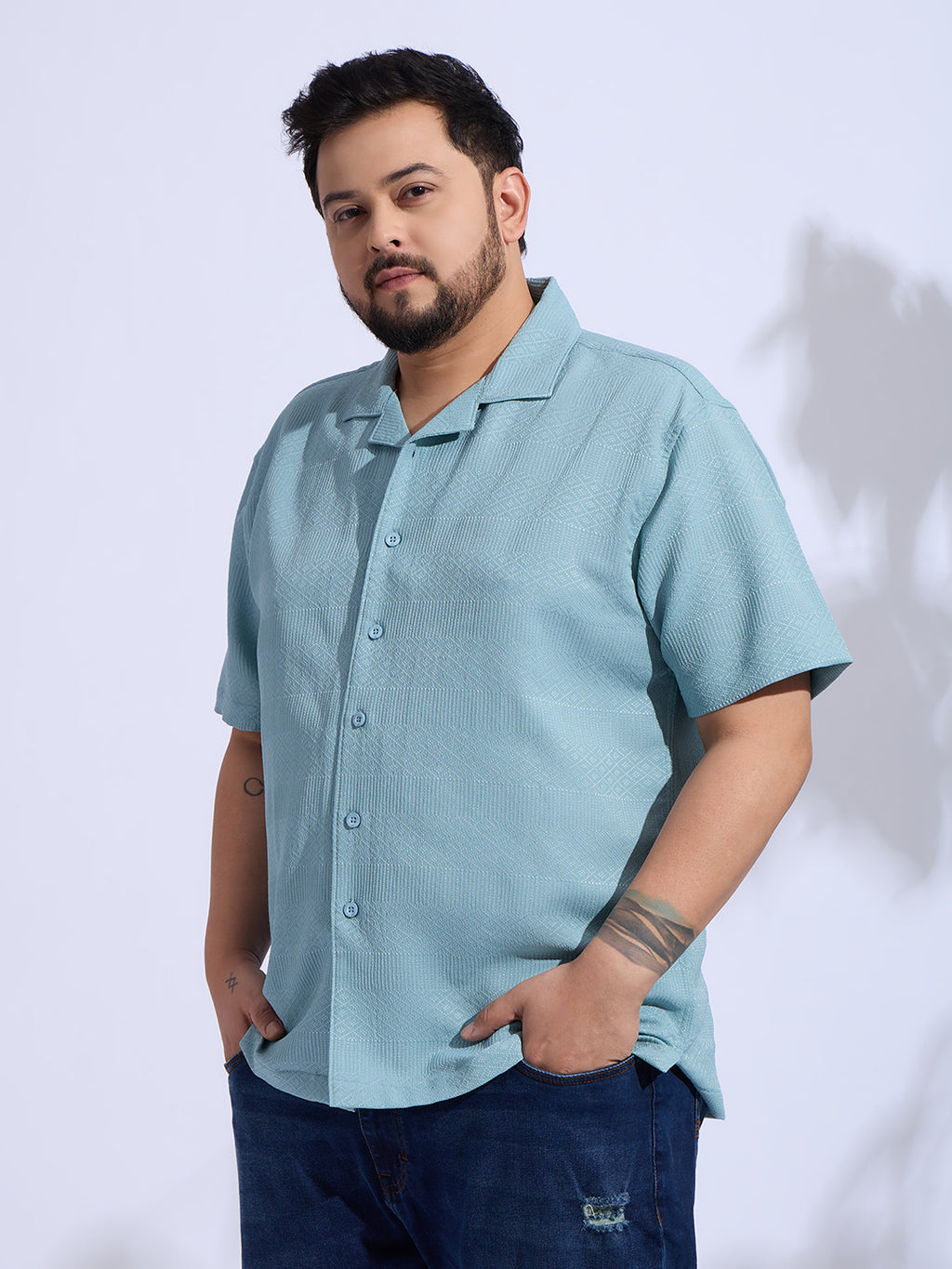 Plus Size cotton blend Regular Fit Smart Casual Shirt - Aqua