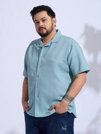 Plus Size cotton blend Regular Fit Smart Casual Shirt - Aqua