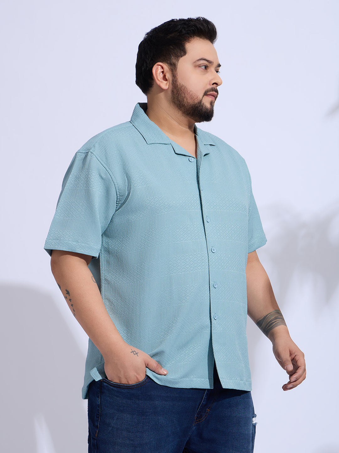 Plus Size cotton blend Regular Fit Smart Casual Shirt - Aqua