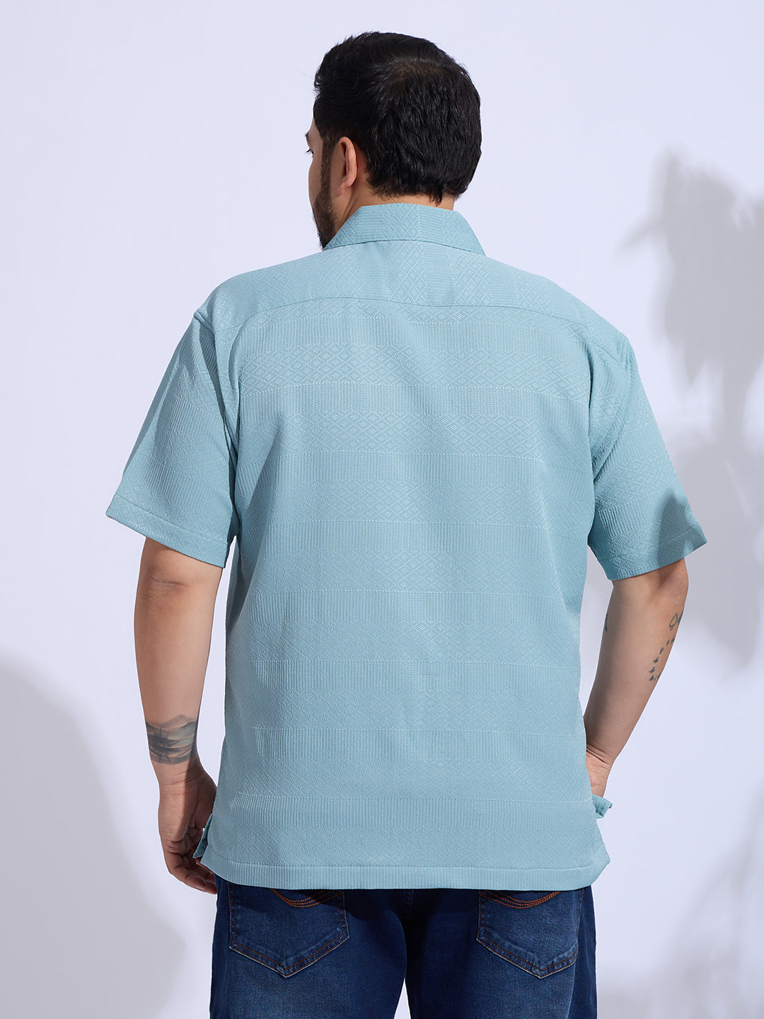 Plus Size cotton blend Regular Fit Smart Casual Shirt - Aqua