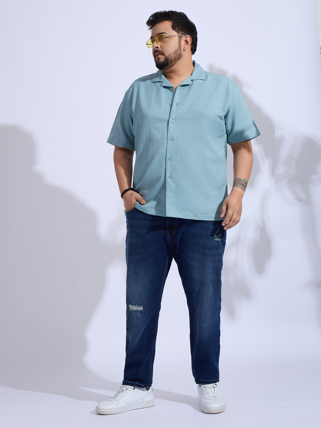 Plus Size cotton blend Regular Fit Smart Casual Shirt - Aqua