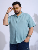 Plus Size cotton blend Regular Fit Smart Casual Shirt - Aqua