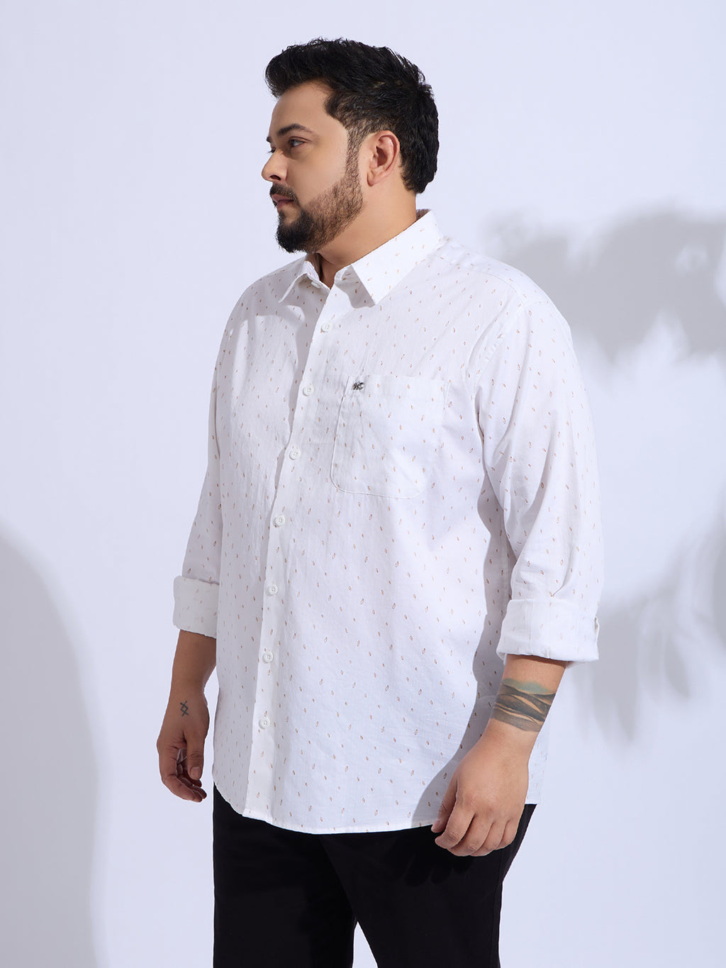 Plus Size Cotton Printed 1 Pocket Regular Fit Smart Casual Shirt - White