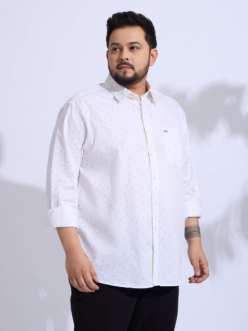 Plus Size Cotton Printed 1 Pocket Regular Fit Smart Casual Shirt - White