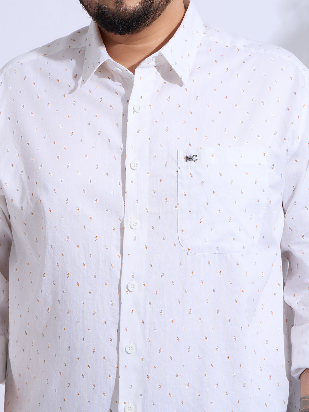 Plus Size Cotton Printed 1 Pocket Regular Fit Smart Casual Shirt - White