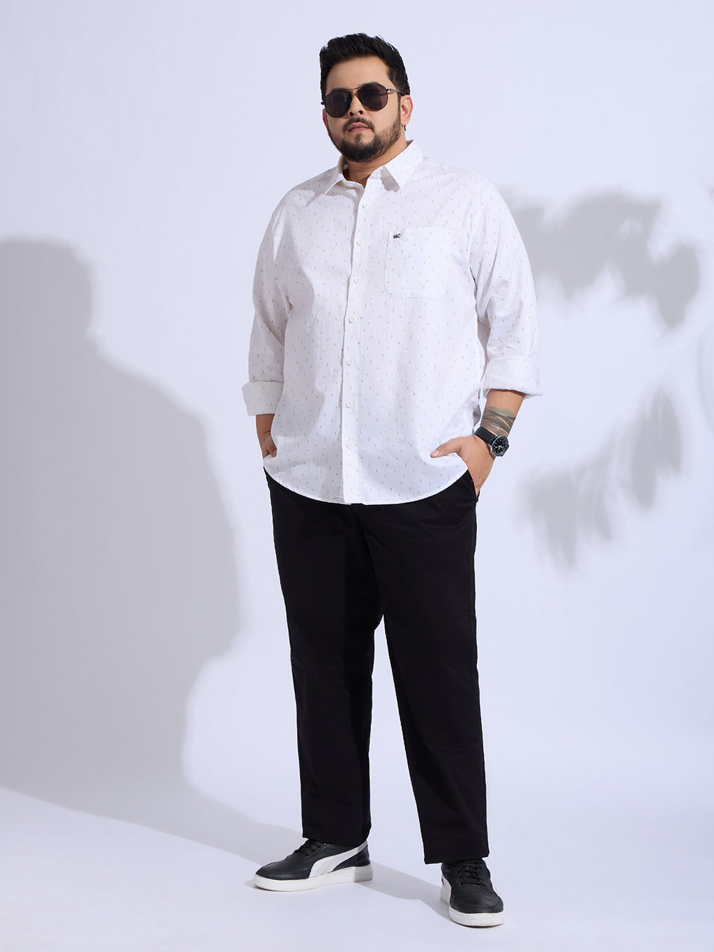 Plus Size Cotton Printed 1 Pocket Regular Fit Smart Casual Shirt - White