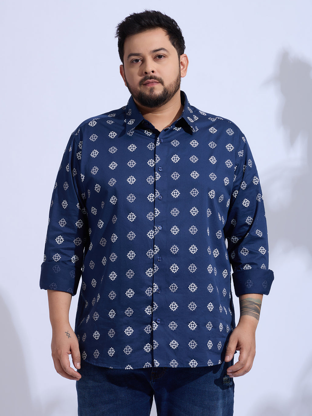 Plus Size Cotton Printed 1 Pocket Regular Fit Smart Casual Shirt - Navy