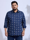 Plus Size Cotton Printed 1 Pocket Regular Fit Smart Casual Shirt - Navy