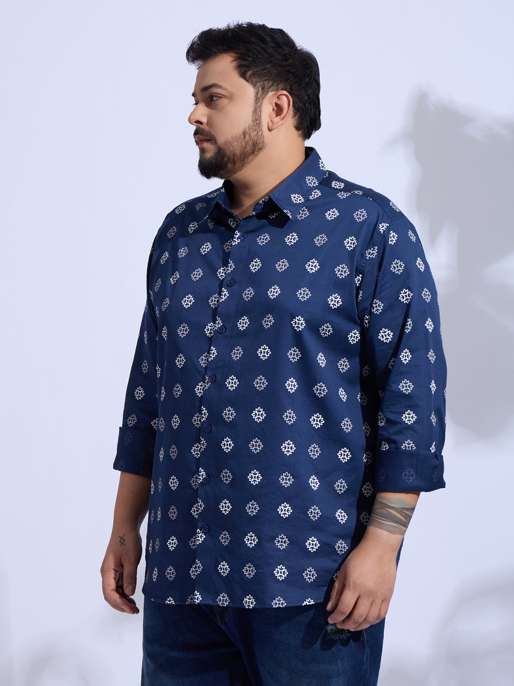 Plus Size Cotton Printed 1 Pocket Regular Fit Smart Casual Shirt - Navy