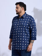 Plus Size Cotton Printed 1 Pocket Regular Fit Smart Casual Shirt - Navy