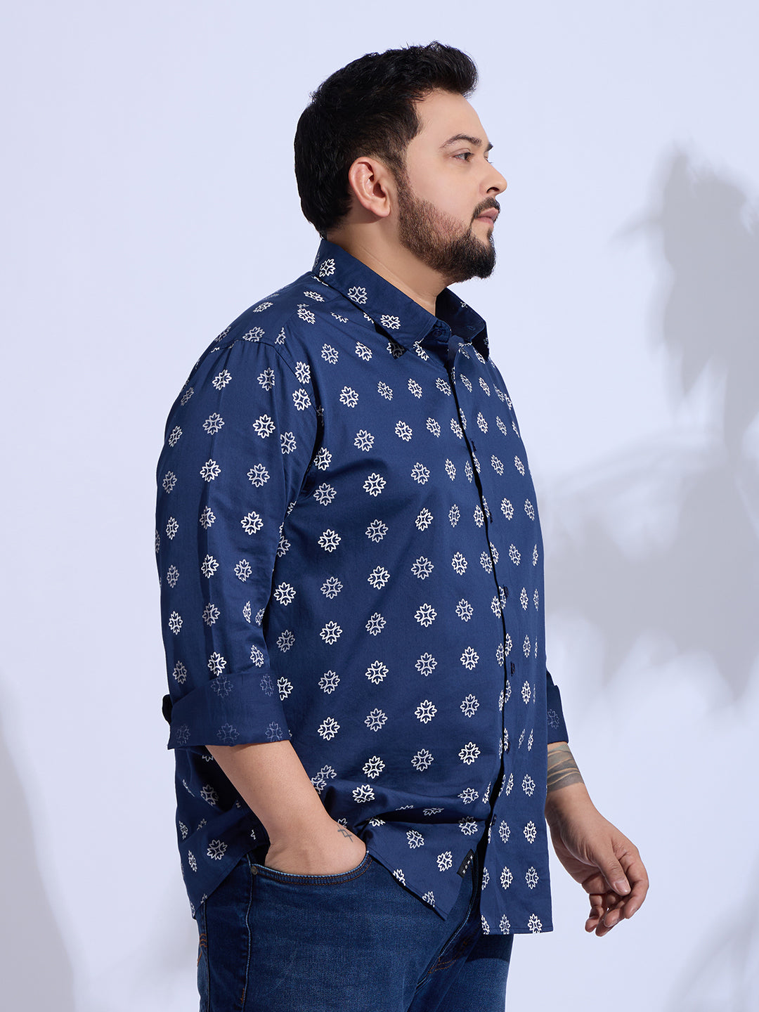 Plus Size Cotton Printed 1 Pocket Regular Fit Smart Casual Shirt - Navy